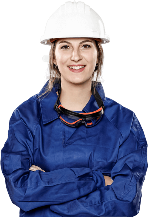 Profissional com capacete, óculos de proteção e uniforme azul.