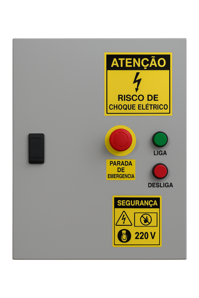 Painel elétrico fechado em conformidade com a NR12, contendo chave seccionadora, botão verde de ligar, botão vermelho de desligar, botão de parada de emergência, além de etiquetas de sinalização de segurança e tensão em português.