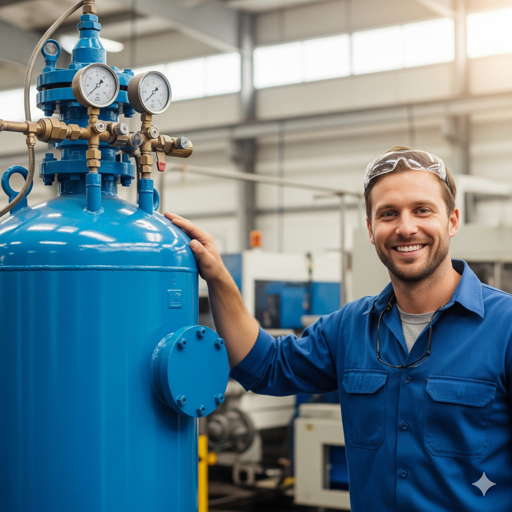 Engenheiro satisfeito ao lado de vaso de pressão azul em ambiente industrial, após manutenção preventiva e drenagem conforme NR-13.
