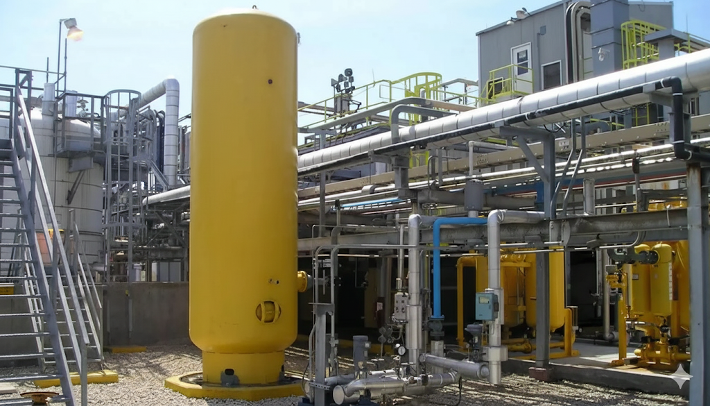 Vaso de pressão vertical em planta industrial inspecionado por empresa de NR13 para garantir segurança e conformidade.