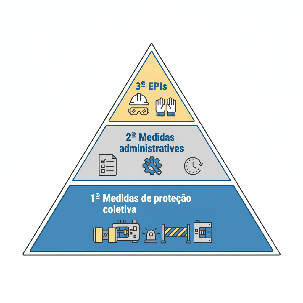 Ilustração da hierarquia de medidas de proteção da NR12 com foco em engenharia, administração e EPIs.