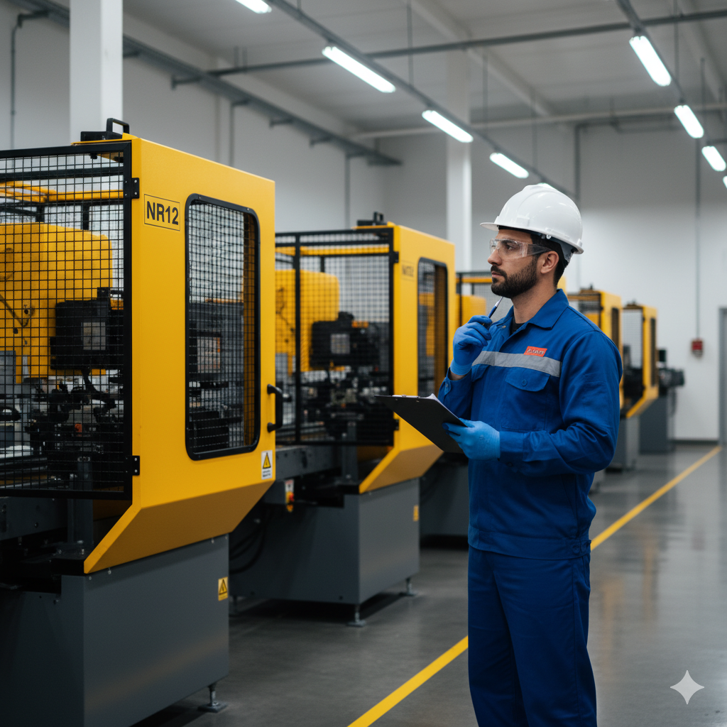 Engenheiro especialista em NR12 realizando inspeção em linha de produção industrial com máquinas protegidas.