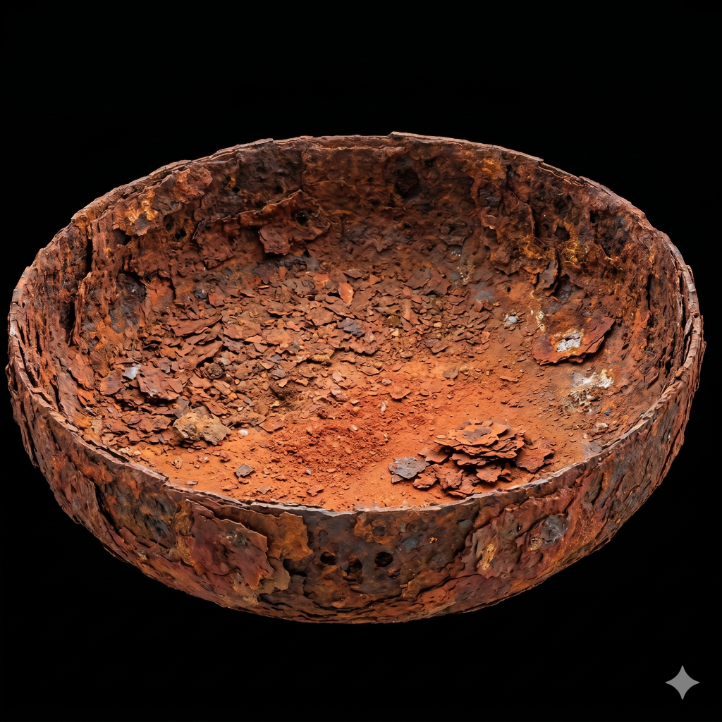 Interior de um vaso de pressão de compressor severamente oxidado e corroído, demonstrando o risco de explosão por afinamento da chapa metálica sem a inspeção e laudo NR13.
