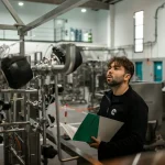 Especialista inspeciona máquina industrial para responder dúvidas frequentes sobre a NR-12