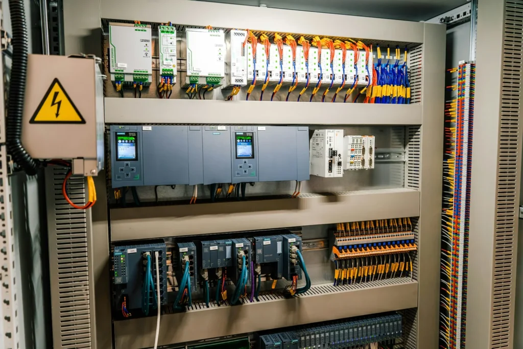 Painel elétrico industrial com PLCs, relés e fiação usados em sistemas de comando relacionados à segurança