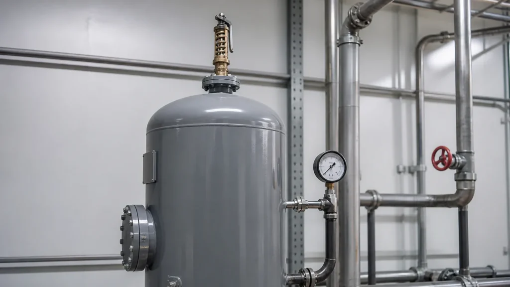 Vaso de pressão industrial com válvula de segurança e indicador de pressão conforme requisitos da NR-13