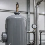 Vaso de pressão industrial com válvula de segurança e indicador de pressão conforme requisitos da NR-13