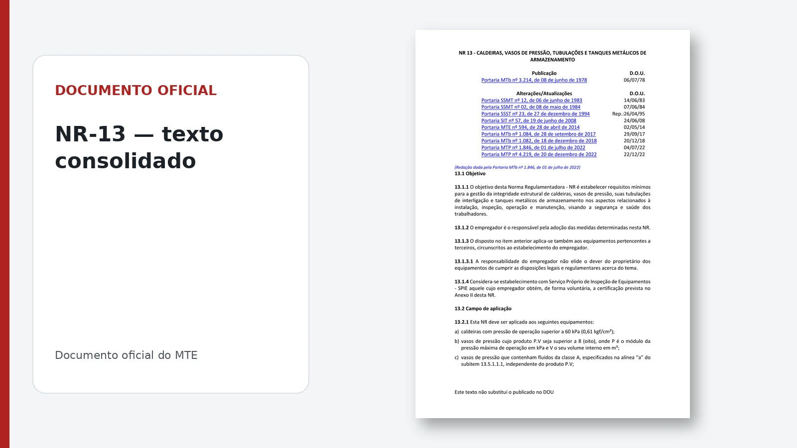 Documento oficial da NR-13 com o texto consolidado do MTE