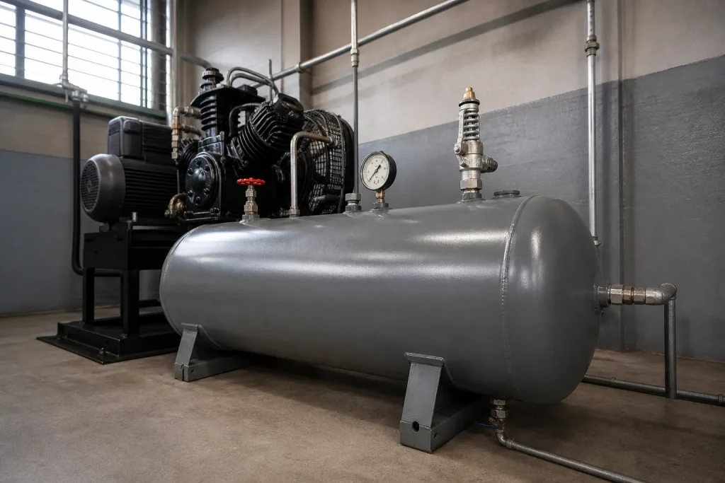 Reservatório horizontal de ar comprimido com manômetro, válvula de segurança e dreno inferior em sala de compressores