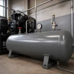 Reservatório horizontal de ar comprimido com manômetro, válvula de segurança e dreno inferior em sala de compressores
