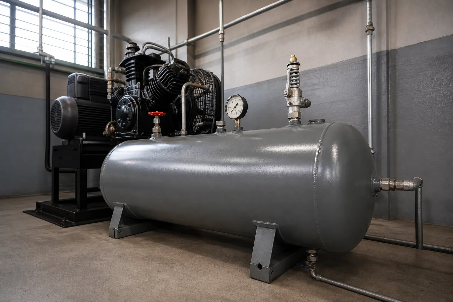 Reservatório horizontal de ar comprimido com manômetro, válvula de segurança e dreno inferior em sala de compressores