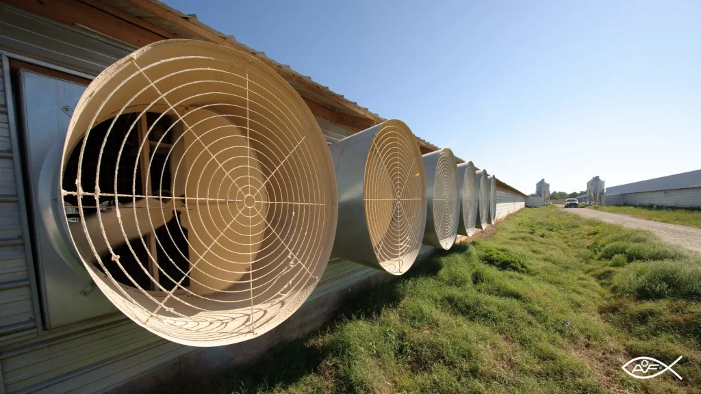 Série de exaustores axiais com grades circulares na parede externa de um aviário.