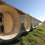Série de exaustores axiais com grades circulares na parede externa de um aviário.