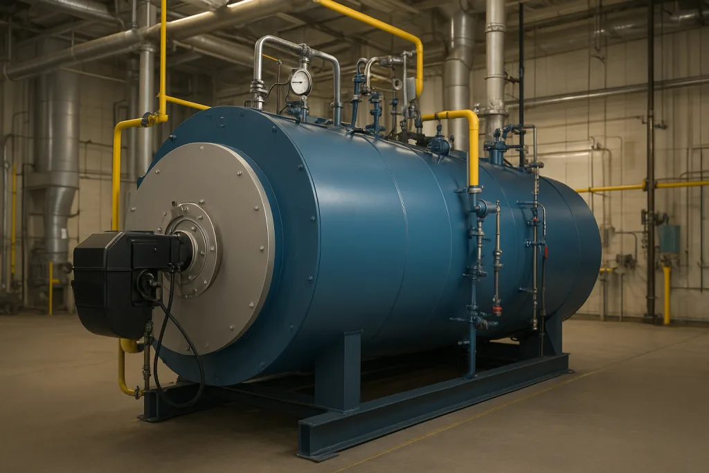 caldeira aquatubular em ambiente industrial, utilizada em processos enquadrados na NR-13 para geração de vapor. O equipamento aparece em azul, montado sobre base de aço, com tubulações, válvulas e manômetros visíveis, representando a importância da manutenção e inspeção de caldeiras conforme a norma regulamentadora de segurança industrial brasileira.