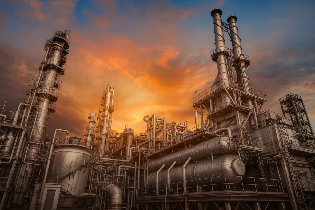 caldeira aquatubular industrial em operação, destacando tubos de água de alta pressão, estrutura robusta em aço e sistema de geração de vapor utilizado em indústrias de grande porte, conforme requisitos da NR13.