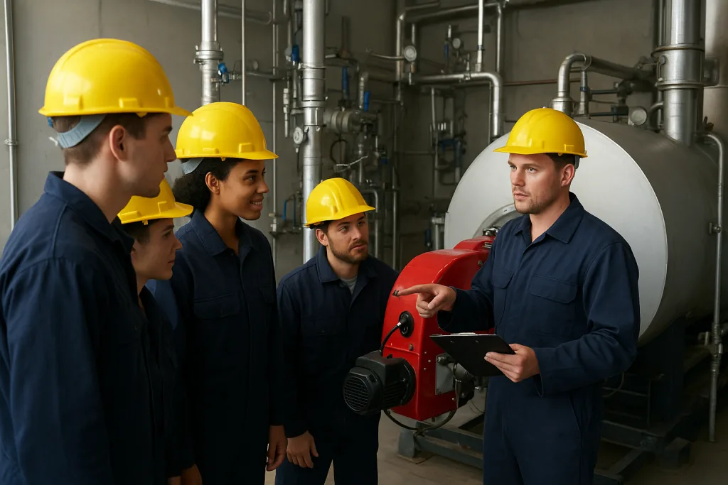 Treinamento prático de operadores de caldeira industrial em ambiente fabril, conforme requisitos da NR13. A imagem mostra quatro profissionais com EPIs recebendo instruções técnicas sobre operação segura de caldeiras aquatubulares e flamotubulares, reforçando a importância da capacitação e segurança no trabalho. Este tipo de formação é essencial para atender às normas regulamentadoras brasileiras (NR13), reduzir riscos de acidentes, garantir eficiência energética e prolongar a vida útil das caldeiras. Ideal para artigos sobre segurança do trabalho, inspeção de vasos de pressão, manutenção preventiva e boas práticas industriais.