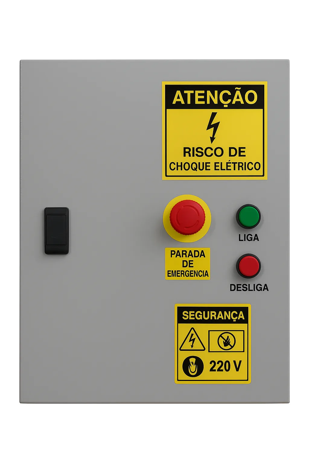 Painel elétrico fechado em conformidade com a NR12, contendo chave seccionadora, botão verde de ligar, botão vermelho de desligar, botão de parada de emergência, além de etiquetas de sinalização de segurança e tensão em português.