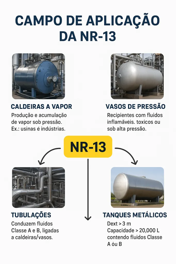 Infográfico em português mostrando o campo de aplicação da NR-13, com imagens de caldeiras a vapor, vasos de pressão, tubulações industriais e tanques metálicos, destacando suas funções e critérios de enquadramento na norma.