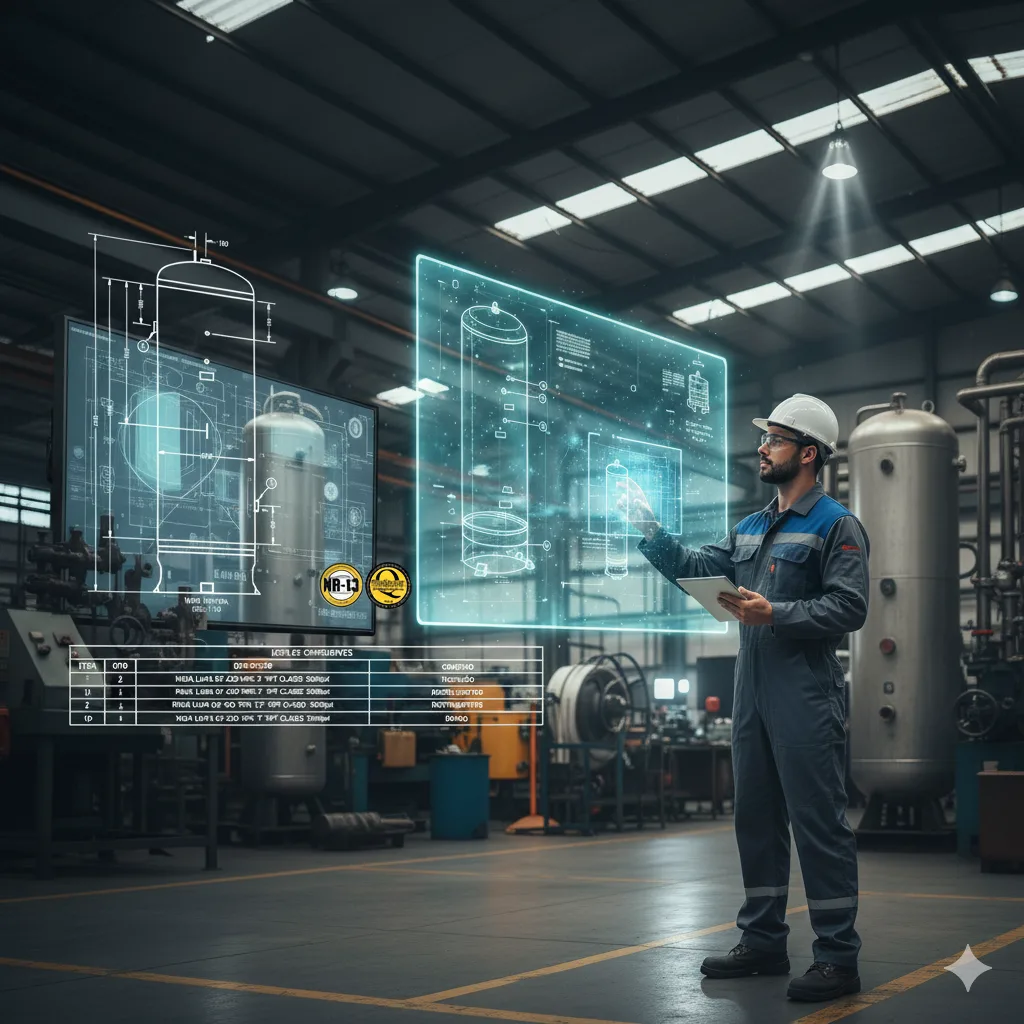 Engenheiro de uma empresa de NR13 analisando projeto digital de vasos de pressão para garantir segurança e conformidade com a norma.