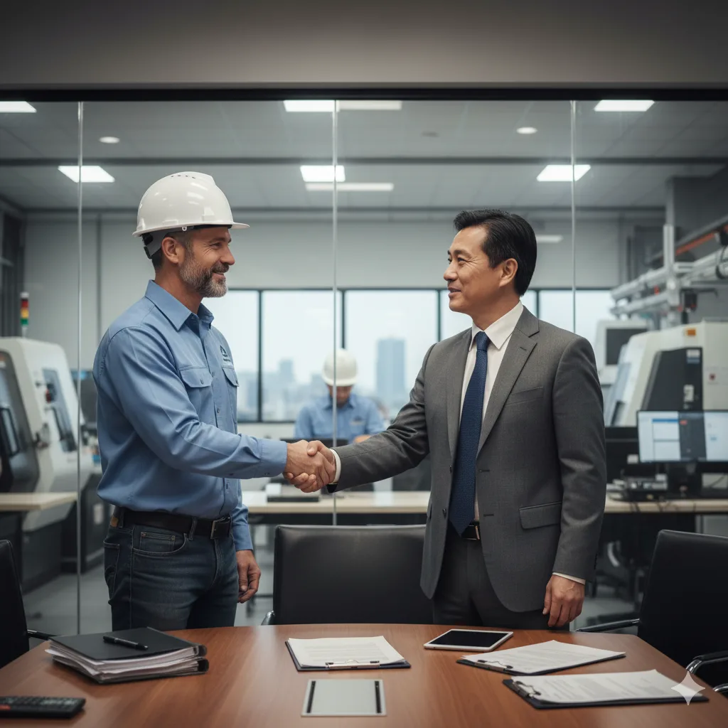 Engenheiro e gestor fechando parceria com empresa de NR13 para serviços de inspeção e segurança em caldeiras e vasos de pressão.