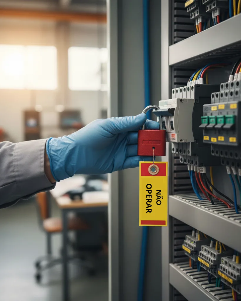 Técnico especialista em NR12 aplicando bloqueio e etiquetagem LOTO em disjuntor industrial.