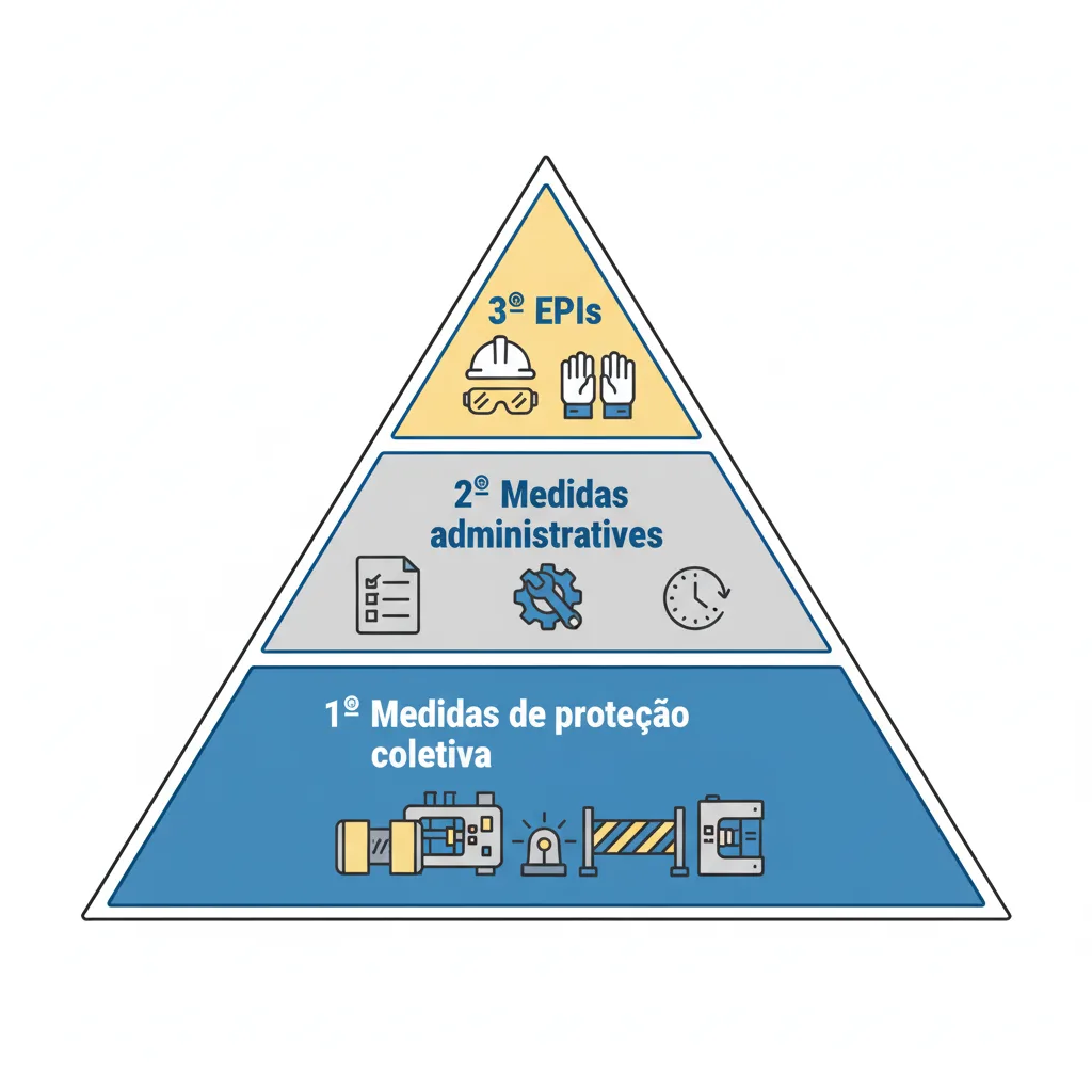 Ilustração da hierarquia de medidas de proteção da NR12 com foco em engenharia, administração e EPIs.