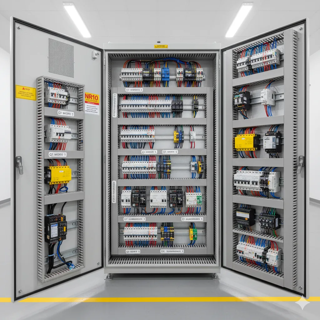 Painel elétrico industrial inspecionado por um especialista em NR12 conforme NBR IEC 60204-1.