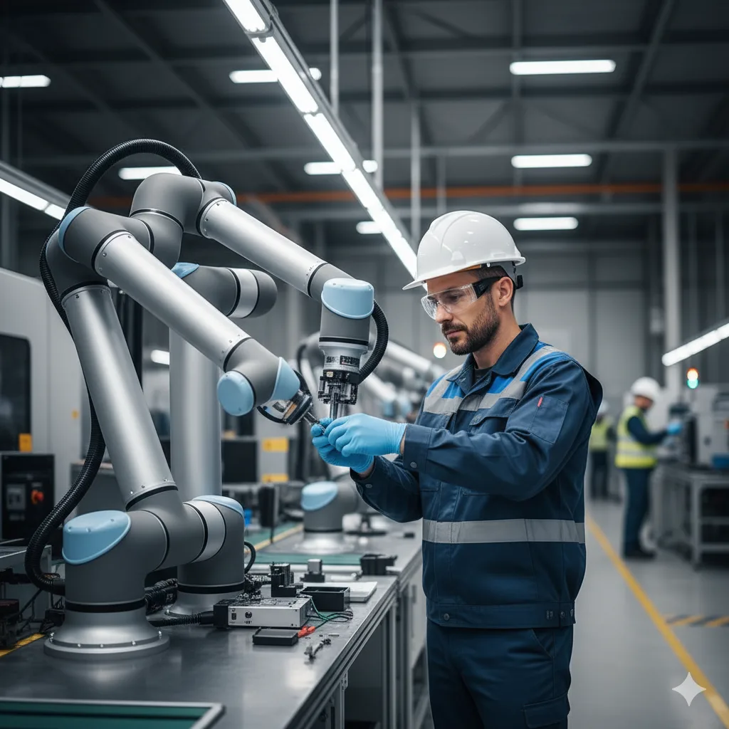 Especialista em NR12 validando segurança de robô colaborativo conforme ISO/TS 15066.